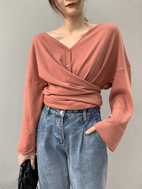 Buttoned Solid Color Long Sleeves Loose V-Neck Cardigan Tops