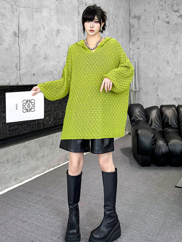 Hollow Solid Color Long Sleeves Loose Hooded Sweater Tops