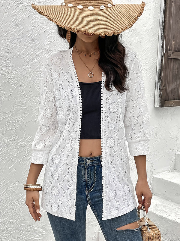 Solid Color Split-Joint Wood Ear Lace Loose Three-Quarter Sleeves Collarless Outerwear