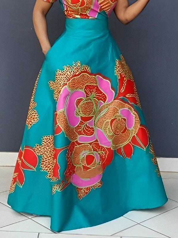 Floral Printed Split-Joint A-line Loose Deep V-Neck Maxi Dresses Evening Dresses