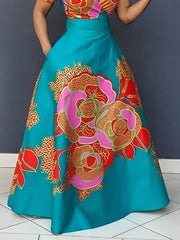 Floral Printed Split-Joint A-line Loose Deep V-Neck Maxi Dresses Evening Dresses