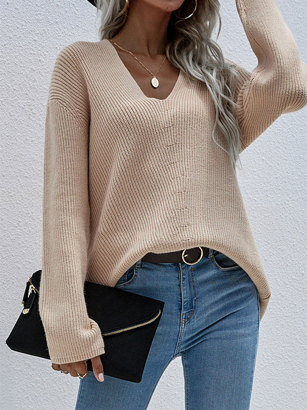 Casual Loose Solid Color V-Neck Sweater Tops