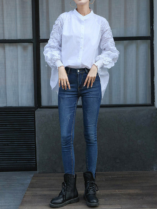 Elasticity Pleated Solid Color Split-Joint High-Low Long Sleeves Round-Neck Blouses
