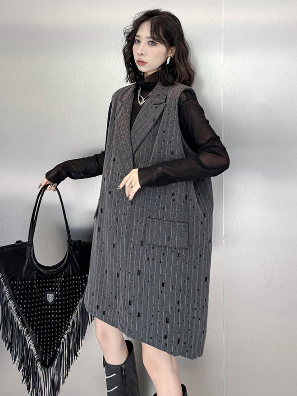 Striped Loose Sleeveless Lapel Vest Top