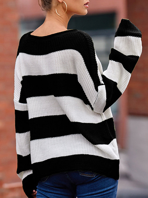 Contrast Color Striped Long Sleeves Loose Round-Neck Sweater Tops Pullovers