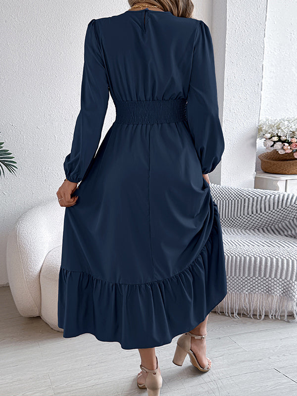 Pleated Solid Color A-Line Elasticated Waist Round-Neck Maxi Dresses