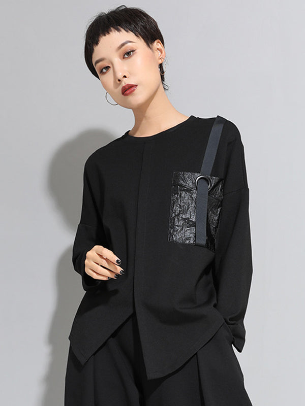 Loose Long Sleeves Split-Front Round-Neck T-Shirts Tops