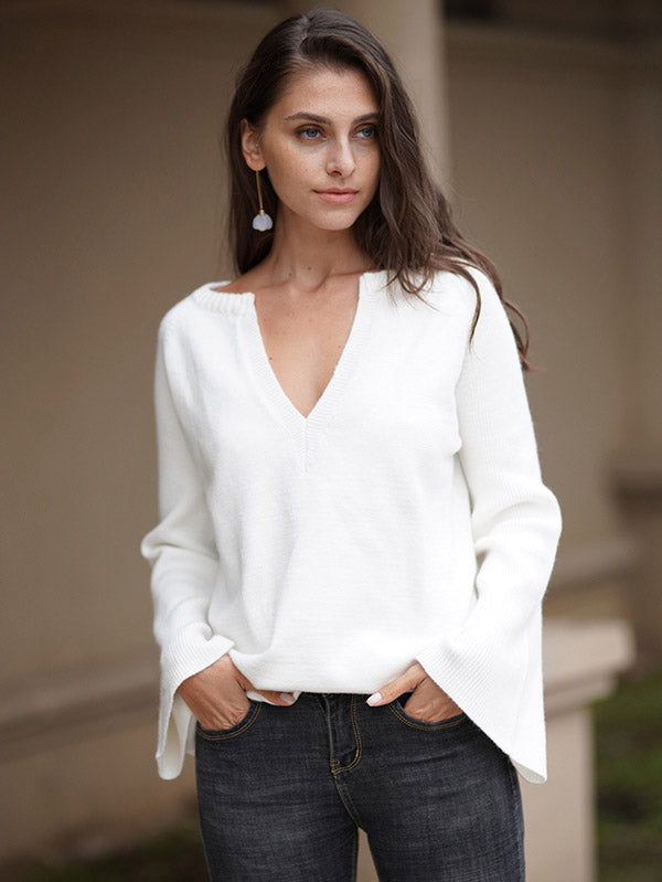 Casual Long Sleeves Loose Solid Color V-Neck Sweater Tops