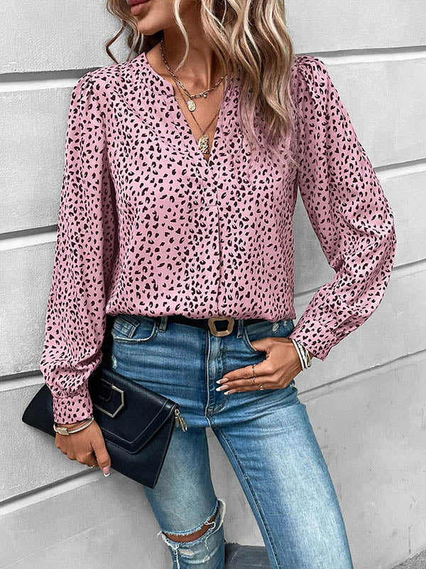 Leopard Pleated Long Sleeves Loose V-Neck Blouses&Shirts Tops