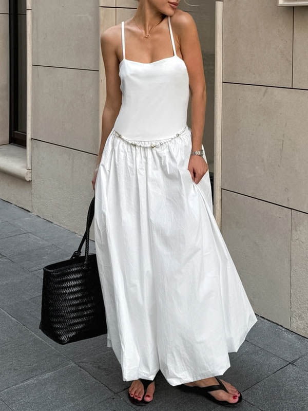 Pleated Solid Color Split-Joint Loose Sleeveless Spaghetti-Neck Midi Dresses