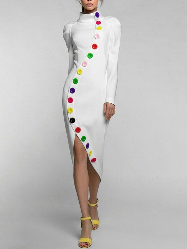 Buttoned Contrast Color Long Sleeves High Neck Midi Dresses