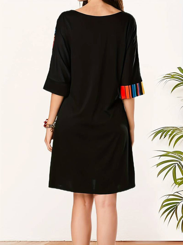 Asymmetric Contrast Color Striped A-line Half Sleeves Round-neck Mini Dresses