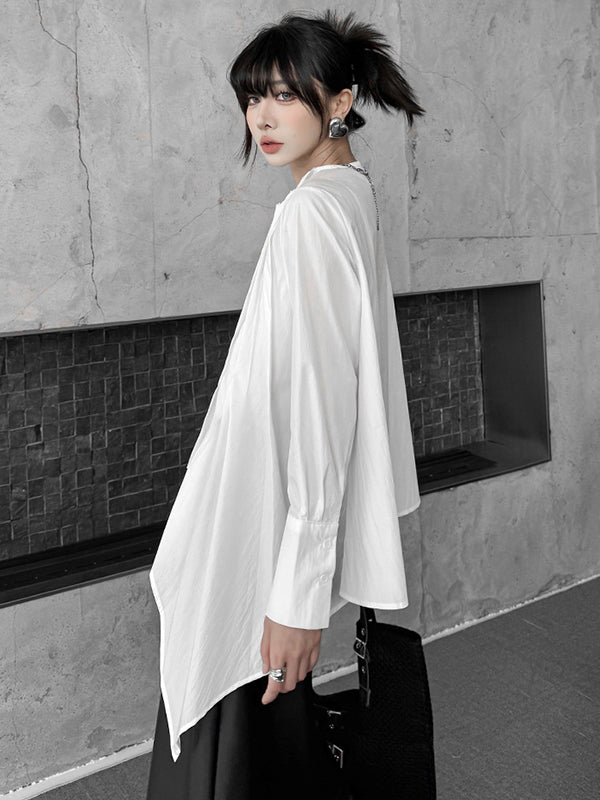 Asymmetric Pleated Solid Color Hipster Irregularity Round-Neck Blouses&Shirts Tops