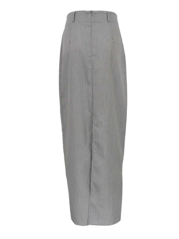 No Belt Solid Color Split-Back Split-Joint Zipper High Waisted Loose Skirts Bottoms