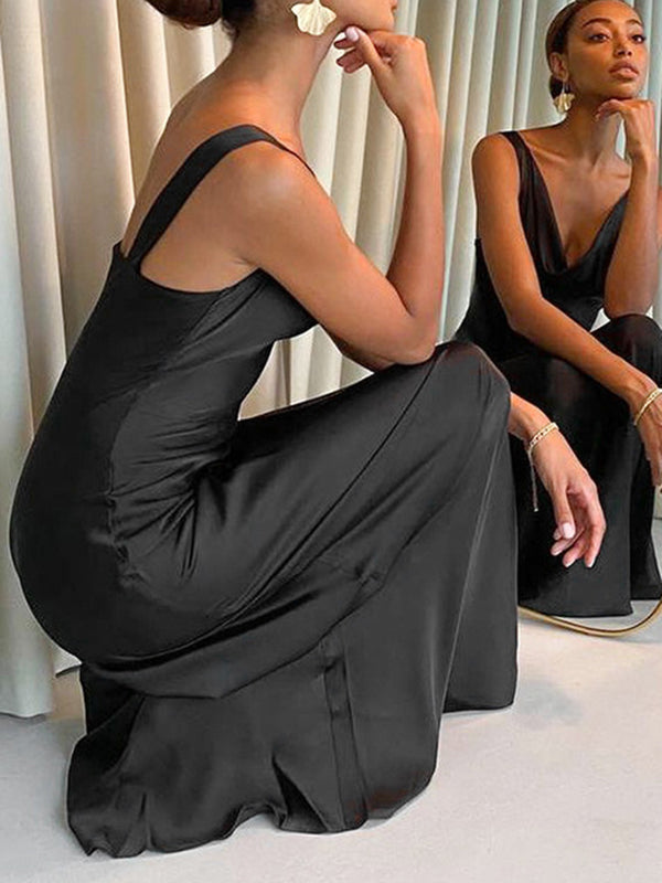 Solid Color Bodycon High Waisted V-Neck Maxi Dresses