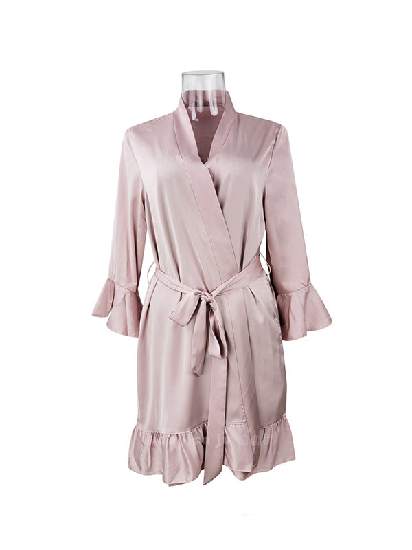 Falbala Ribbed Solid Color Loose V-neck Robes Intimates&Pajamas