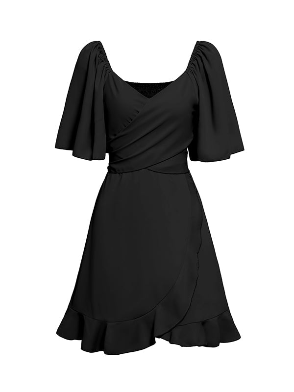 Elasticity Ruffled Solid Color Split-Joint Tied Waist Flared Sleeves Half Sleeves V-Neck Mini Dresses