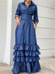 Falbala Solid Color Long Sleeves Lapel Collar Maxi Dresses