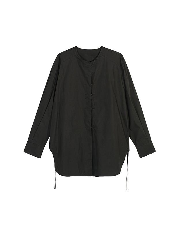 Buttoned Solid Color Tied Long Sleeves Loose Round-Neck Blouses&Shirts Tops