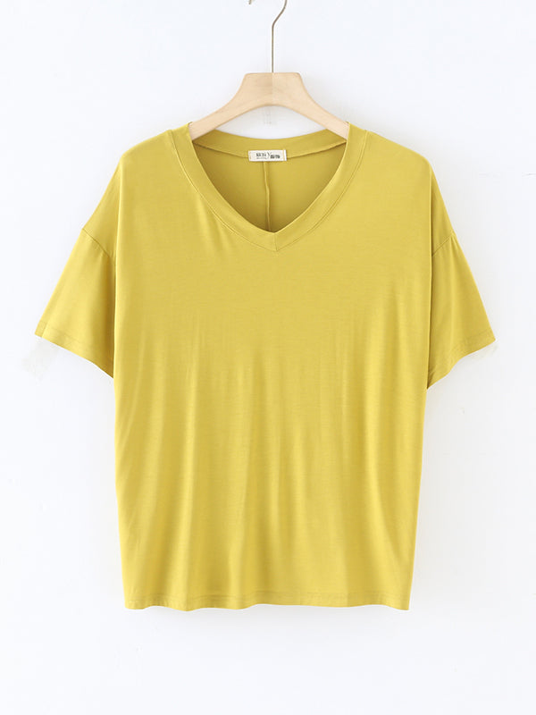 Solid Color Split-Joint Loose Short Sleeves V-neck T-Shirts Tops