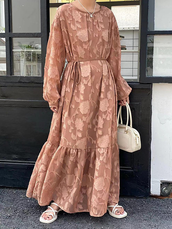 Flower Print Pleated Solid Color Split-Joint Tied Waist Long Sleeves Loose Round-Neck Maxi Dresses