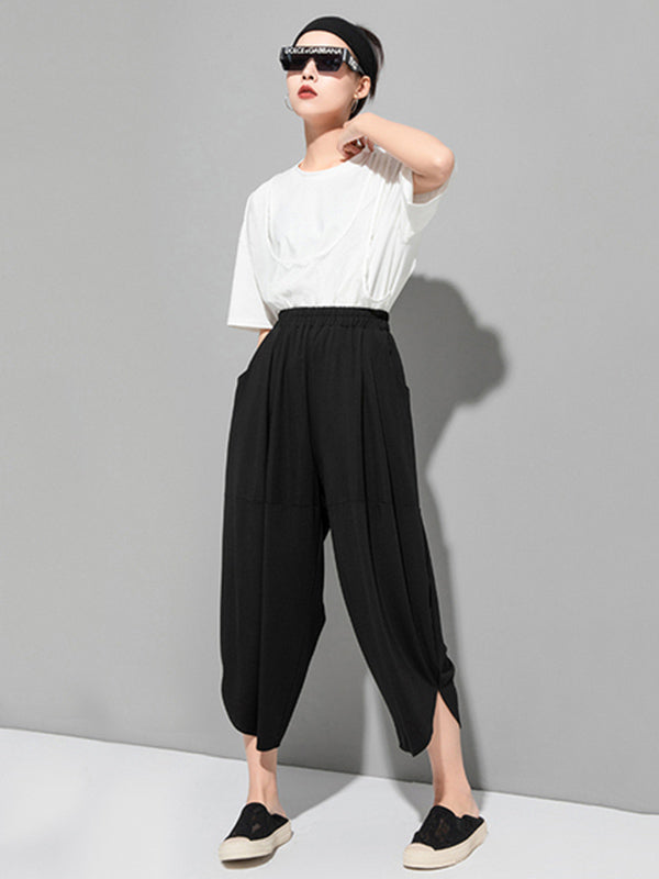 Original Solid Color Elasticity Waist Harem Capri-Pants