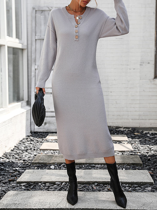 Buttoned Split-Joint Long Sleeves Loose Round-Neck Sweater Dresses Midi Dresses