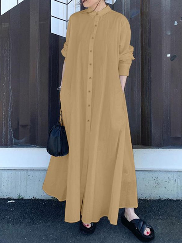 Solid Color Long Sleeves Loose Lapel Shirt Dress Maxi Dresses