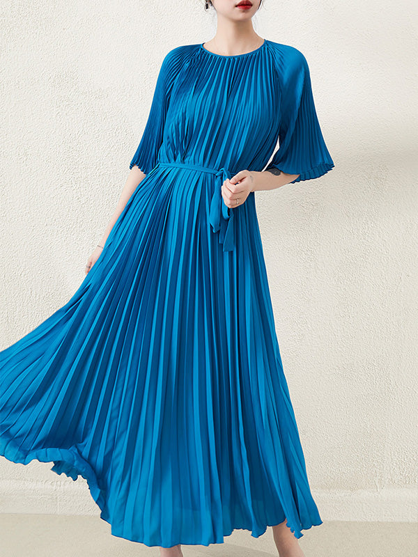 Loose Pleated With Waistband Solid Color Round-Neck Maxi Dresses