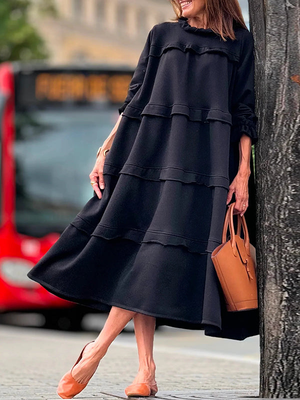 Ruffled Solid Color Split-Joint A-Line Loose Round-Neck Maxi Dresses