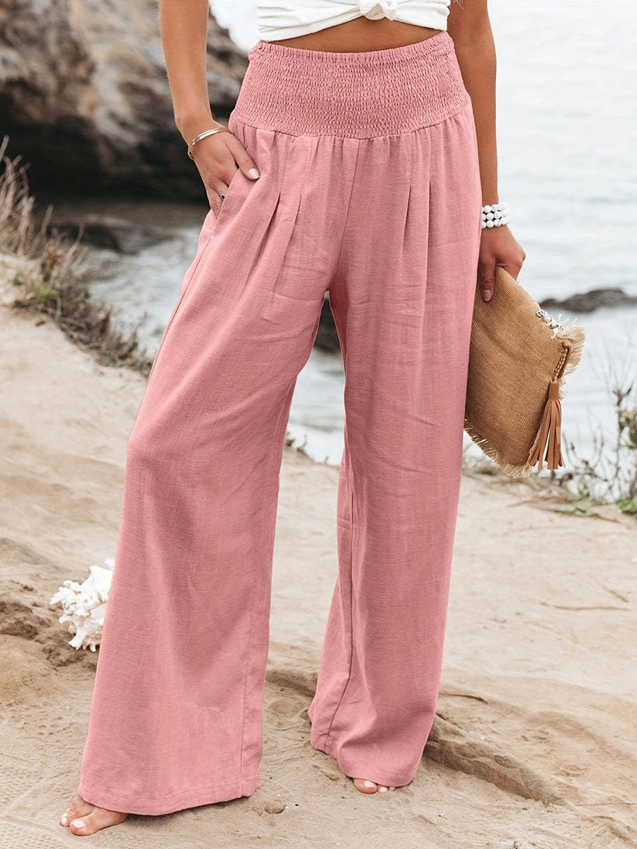 Pleated Pockets Solid Color Split-Joint Elasticated Waist High Waisted Pants