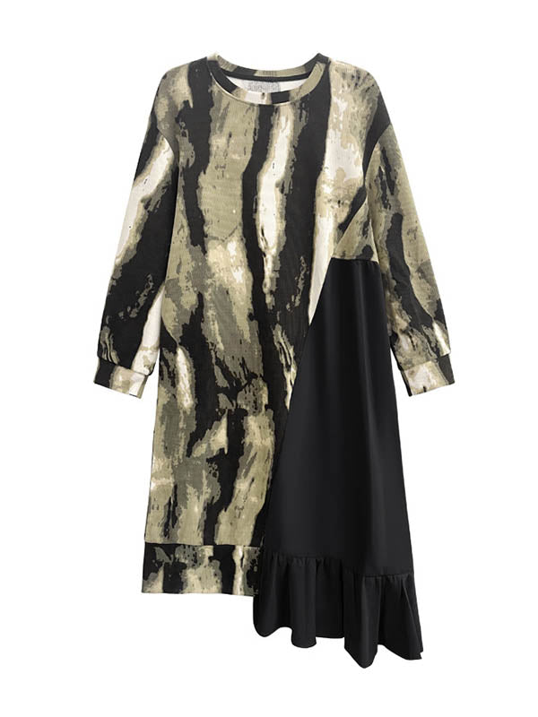 Asymmetric Contrast Color Ruffled Split-Joint Long Sleeves Loose Round-Neck Midi Dresses