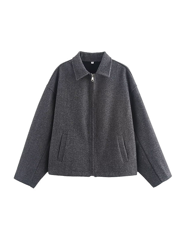 Solid Color Split-Joint Zipper Long Sleeves Loose Lapel Woolen Coat Outerwear