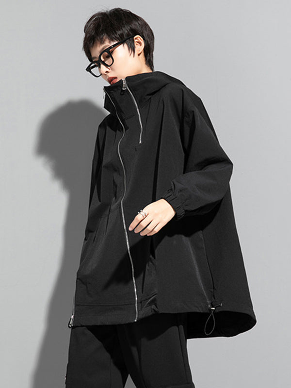 Irregularity Loose Solid Color Zipper Hooded Outerwear