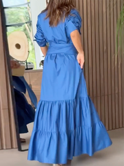 Belted Solid Color Half Sleeves Lapel Collar Shirt Dress Maxi Dresses