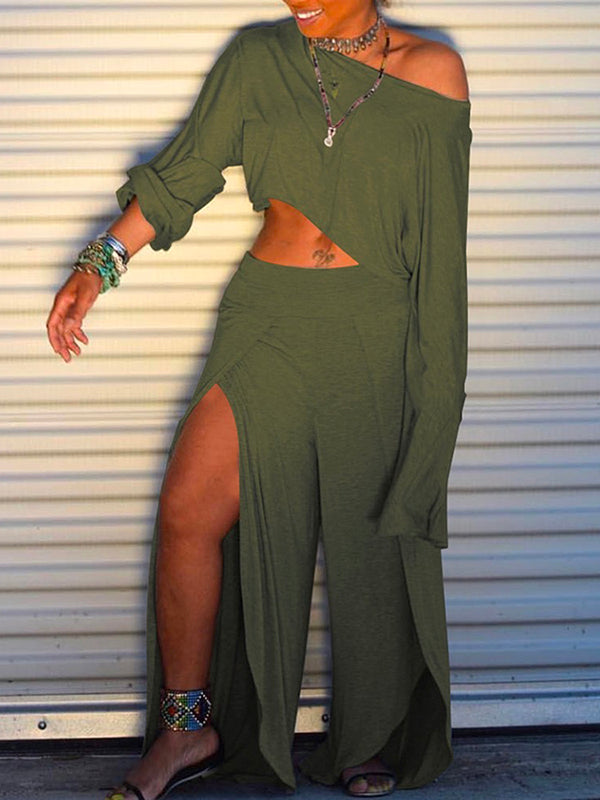Solid Color Long Sleeves Round-Neck T-Shirt + Split-Side Wide Leg  Pants Two Pieces Set