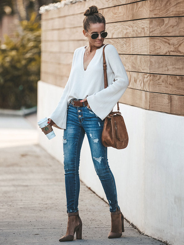 Casual Long Sleeves Loose Solid Color V-Neck Sweater Tops