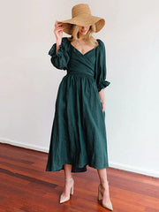 Original A-Line Loose Hollow Solid Color V-Neck Midi Dresses