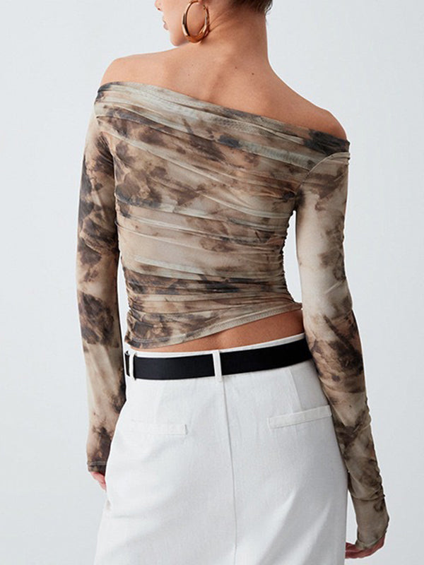 Pleated Split-Joint Tie Dye Long Sleeves Skinny Off-the-shoulder T-Shirts Tops