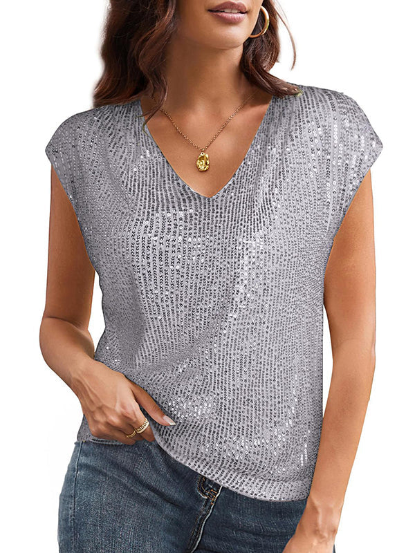 Sequined Shiny Batwing Sleeves Loose V-Neck T-Shirts Tops