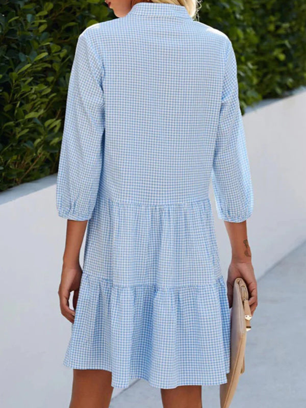Buttoned Plaid Split-Joint A-Line Loose Stand Collar Shirt Dress Mini Dresses