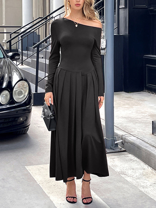 Pleated Solid Color Split-Front High Waisted Long Sleeves One-Shoulder Maxi Dresses