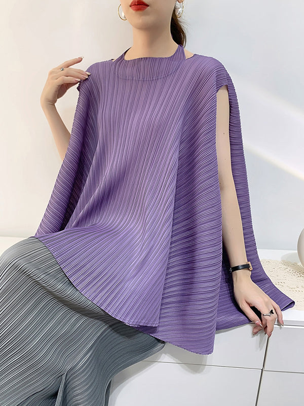 Pleated Solid Color Loose Sleeveless Halter-Neck T-Shirts Tops