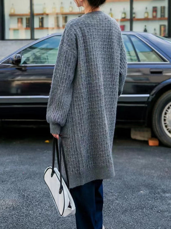 Pockets Solid Color Long Sleeves Loose Collarless Cardigan Tops