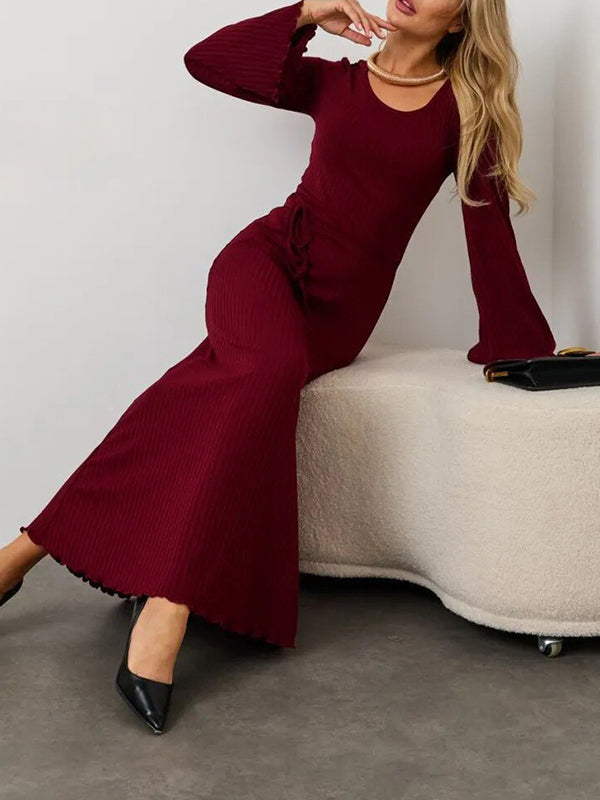 Pleated Ruffled Solid Color Split-Joint Long Sleeves Round-neck Maxi Dresses