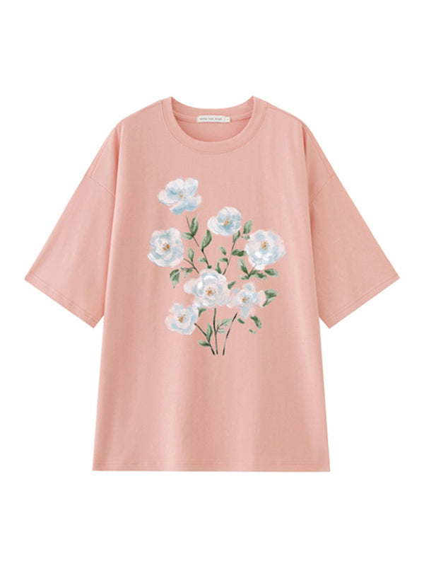 Casual Loose Round-Neck Floral Printed T-Shirt