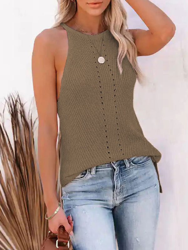 Hollow Solid Color Loose Sleeveless Spaghetti-Neck Vest Top
