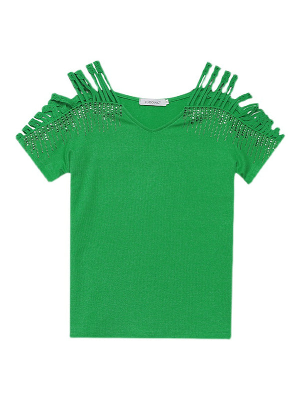 Hollow Rhine Stones Solid Color Split-Joint Loose Raglan Sleeve V-Neck T-Shirts Tops