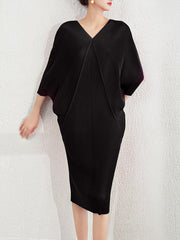 Pleated Solid Color Batwing Sleeves Loose V-Neck Midi Dresses