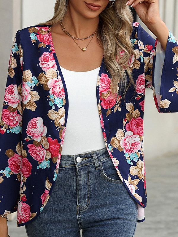 Flower Print Flared Sleeves Long Sleeves Collarless Outerwear
